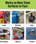 Image displaying 4 Inch Open Magnetic Hooks Set used in garage, workshop, home, steel building, utility van, and more on steel surfaces.