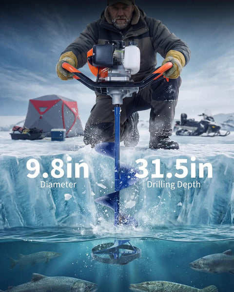 Man using Beefy 52cc Gas Powered Post Hole Digger With 10 Inch Bit And 31 5 Inch Shaft Air Cooled 2 Stroke Engine on ice