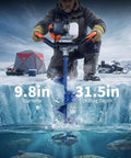 Man using 2-In-1 Gas Powered Ice And Earth Auger Kit With 10 Inch Ice Drill And 5.9 Inch Ground Drill Bit For Ice Fishing And Post Hole Digging Built For Rugged Use Workhorse EPA Certified on a frozen lake.