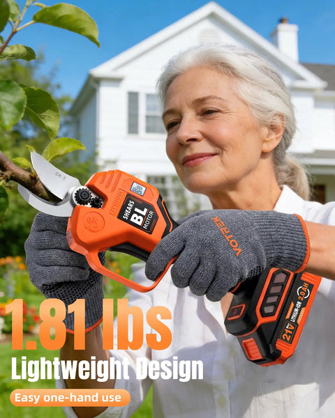 User trimming tree with Cordless Electric Pruning Shears With Dual Cutting Modes Up To 1.6 Inches in garden setting.