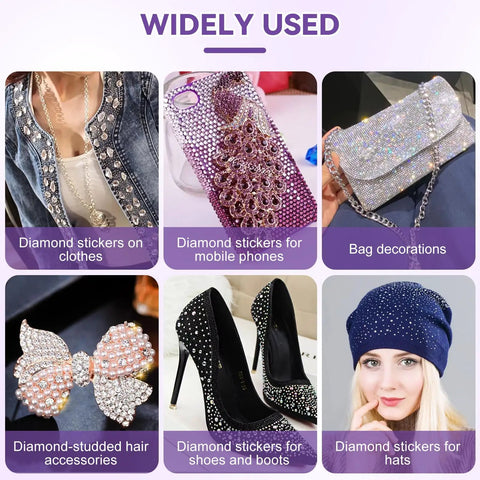 Collage showing uses of Hotfix Rhinestone Setter Kit With 7 Tips And Quick Heat Wand for embellishing clothes, phones, bags, and shoes.