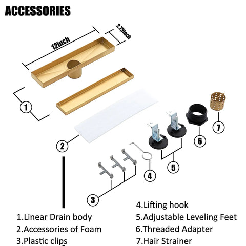 Accessories of 24 Inch Linear Shower Drain With Removable Square Hole Panel In Brushed 304 Stainless Steel shown labeled