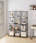 Heavy Duty 12 Cube Storage Organizer Metal Wire Shelf For Closet And Office, Stackable Space Saving Shoe Rack Book Holder, Slick Black Setup For Your Home in a bright room with books and decorations.