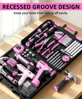 No Sweat Pink Cordless Drill 188 Piece Heavy Duty Tool Box For Women Home Repair Kit With Fast Charger Claw Hammer Wrench And Precision Drivers Slick DIY Setup displayed with tools arranged in a black toolbox.