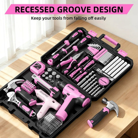 No Sweat Pink Cordless Drill 188 Piece Heavy Duty Tool Box For Women Home Repair Kit With Fast Charger Claw Hammer Wrench And Precision Drivers Slick DIY Setup displayed with tools arranged in a black toolbox.