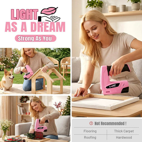 Image of a woman using a Cordless 2 In 1 Electric Staple Gun And Brad Nailer Kit With 2000Mah Battery Fasteners And Remover for furniture repairs.
