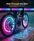 Cyclist riding in rain with Bright Dope Multicolor Wheel Hub Lights For Night Riding Quick Install Tool Free Spoke Lights enhancing visibility.