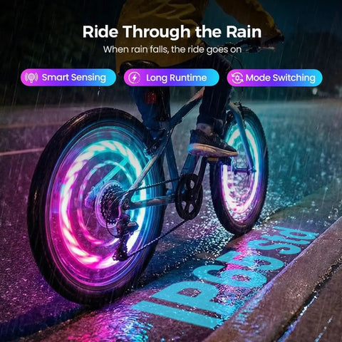 Cyclist riding in rain with Bright Dope Multicolor Wheel Hub Lights For Night Riding Quick Install Tool Free Spoke Lights enhancing visibility.