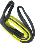 Heavy Duty 4-Ply Yellow Polyester Lifting Sling With Twisted Eyes And Full Protective Sleeves For Tow And Recovery Industrial Grade Web Sling 5 Inch By 22 Foot 27500 Lb Vertical And 55000 Lb Basket WLL Built To Handle Tough Jobs.