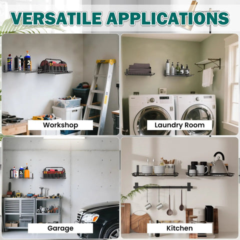 Heavy Duty Wall Mounted Garage Shelves 12x18 Inches Two Pack, Metal Shelf Rack in workshop, laundry, garage, and kitchen
