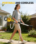 Woman holding Cordless Stick Water Transfer Pump With 21V Battery And Fast Charger outdoors, 78 inch hose visible
