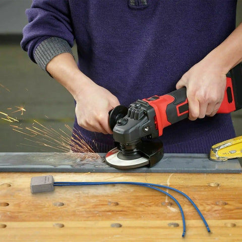 Hardcore Soft Start Module For Angle Grinder 15A 250V shown with angle grinder in use, sparks flying, on metal surface.
