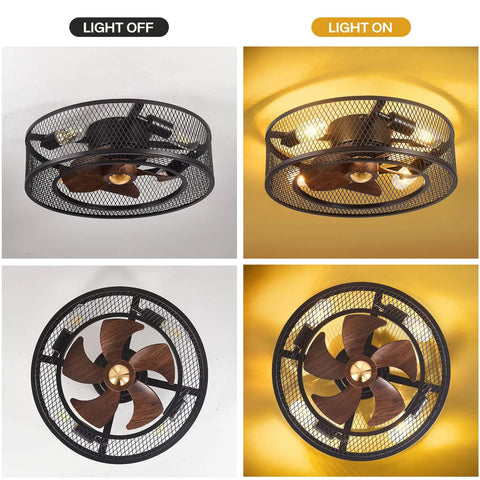 Flush Mount Caged Ceiling Fan With Lights And Remote Control, Farmhouse Bladeless Style, shown with lights on and off