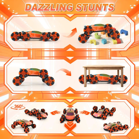 QPOU orange 8-Wheel RC stunt car toy with gesture remote, 360° flips, dual‑sided off‑road driving, lights