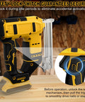 Heavy Duty Cordless Brad Nailer And Staple Gun Combo For Precision Trim Work Upholstery And Home Repair Fits Standard Twenty Volt Batteries close-up showing safety lock switch feature.