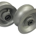 Pair Of Replacement Chain Link Gate UGroove Pipe Wheels Fits One And Five Eighths Inch Pipe Sealed Bearing For Long Life Five Inch Outer Diameter Cast Steel With Machined Finish