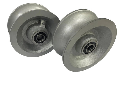 Pair Of Replacement Chain Link Gate UGroove Pipe Wheels Fits One And Five Eighths Inch Pipe Sealed Bearing For Long Life Five Inch Outer Diameter Cast Steel With Machined Finish