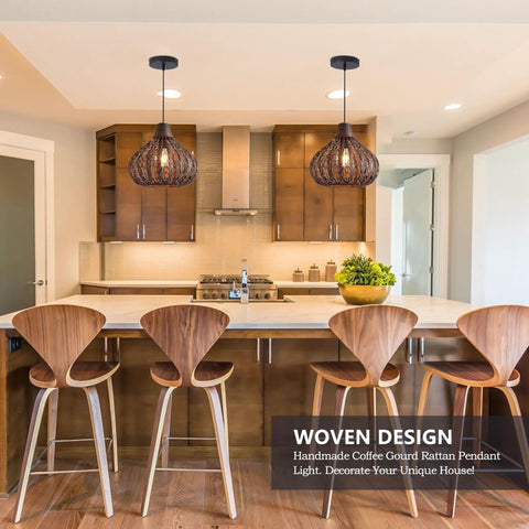 Kitchen with handwoven rattan pendant light with wicker shade ceiling fixture for hallways and islands, warm glow farmhouse style.