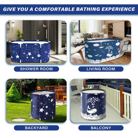 Portable Folding Bathtub Soak Tub For Tiny Bathrooms And Showers in different settings, Starry Night Blue design, space-saving