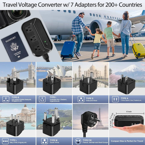 Collage of 2300W Travel Voltage Converter With 220V To 110V Step Down, 3 USB Ports, Type C, and travel adapters for worldwide use.