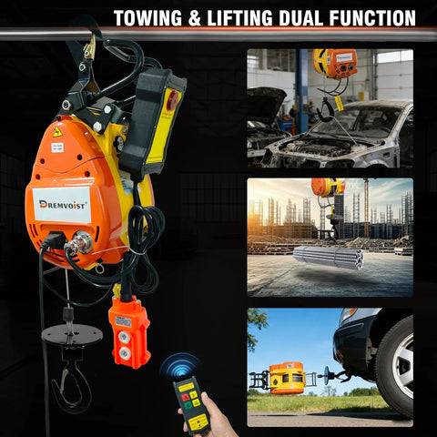 1100 Lbs Electric Hoist Winch, 1500W Portable Power Crane With 98 Ft Lift Height and remote for towing and lifting functions.