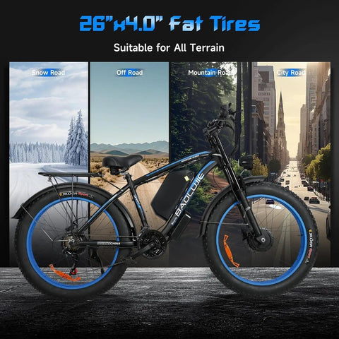 All Wheel Drive Electric Mountain Bike For Adults With Dual 1500W Motors, Up To 80 Mile Range, 26x4 Inch Fat Tires, Blue