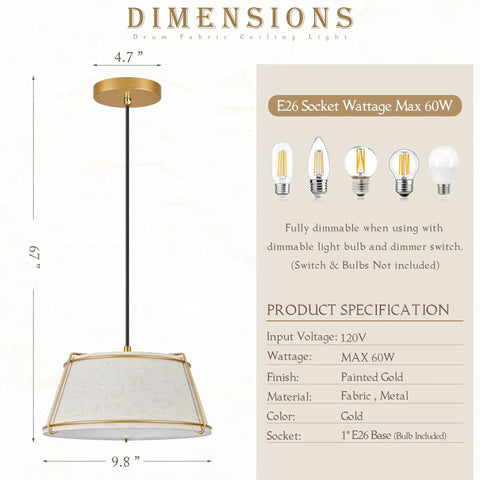 AyshwillDec 10" Modern Gold Linen Pendant Light Dining Room Bulb Included, 9.8" diameter, fabric shade, adjustable height.