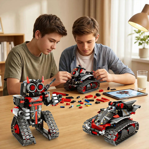 Two kids assembling 3 In 1 Remote Control Building Kit For Kids 6-12 With App Control, featuring a RC car, robot, and tank.