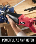 Person using Beast Power 7.5 Amp Variable Speed Reciprocating Saw With Toolless Blade Change on metal in vice