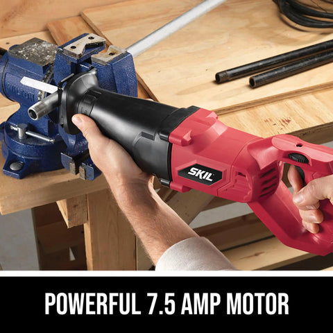 Person using Beast Power 7.5 Amp Variable Speed Reciprocating Saw With Toolless Blade Change on metal in vice