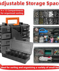 Clear Small Parts Organizer Box With 4 By 12 Compartments, Removable Dividers shown with assorted small items visible inside.