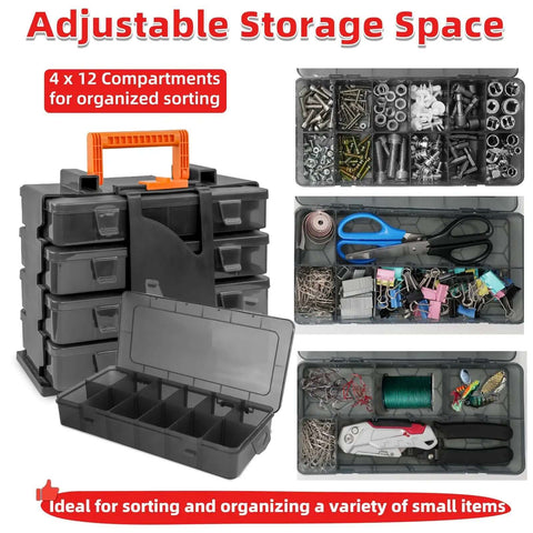Clear Small Parts Organizer Box With 4 By 12 Compartments, Removable Dividers shown with assorted small items visible inside.