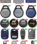 Compatibility guide for RFID Duplicator For 125kHz Key Fobs And Cards Copy Up To Four Access Badges Into A Rewritable Fob with various fobs shown.