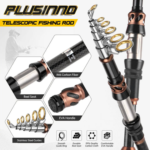 Carbon Fiber Telescopic Fishing Rod And Spinning Reel Combo With 12 Plus 1 Shielded Bearings close-up showing stainless steel guides.