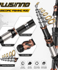 Close-up of All In One Fishing Rod And Reel Kit with telescopic carbon fiber pole, reel seat, and EVA handle details