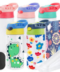 5 Pack Kids Sublimation Tumbler With Lid And Straw 12 Oz Stainless Steel Insulated Cups for DIY projects, colorful designs visible