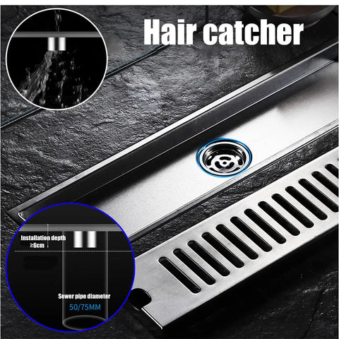 Slick Linear Shower Floor Drain With Hair Strainer For No Sweat Bathroom Water Flow Crafted From Heavy Duty 304 Stainless Steel showing hair catcher and installation details.