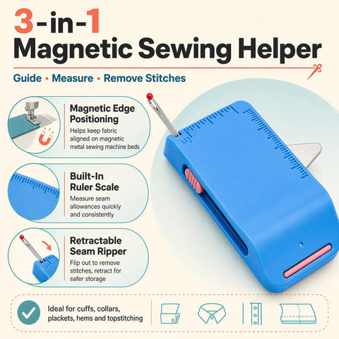 Magnetic 3 In 1 Sewing Tool With Retractable Seam Ripper, Adjustable Fabric Edge Guide, And Built In Measuring Scale for sewing