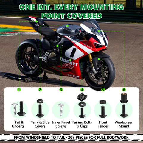 Premium 304 Stainless Steel Black Motorcycle Fairing Bolt Kit M5 And M6 Hex Head Fasteners showcased on a Ducati bike.