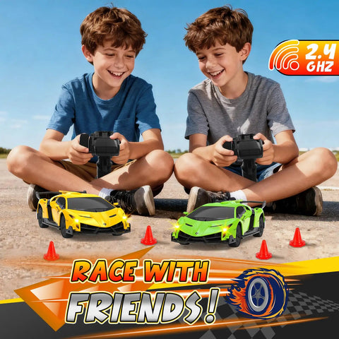Two boys playing with Lamborghini Veneno Licensed 1 24 Scale 2.4GHz RC Drift Car Toy With Working Headlights, green edition, on pavement.