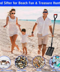 Family on beach holding Heavy Duty Metal Sand Sifter Shovel With Long Detachable Aluminum Handle Workhorse 53.5 Inch