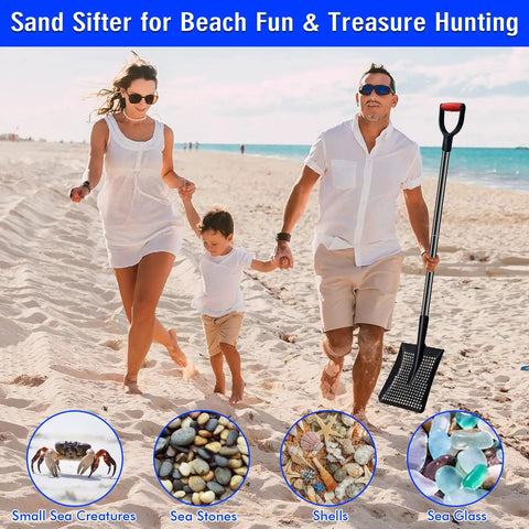 Family on beach holding Heavy Duty Metal Sand Sifter Shovel With Long Detachable Aluminum Handle Workhorse 53.5 Inch