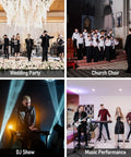 Collage of four scenes: a wedding party band, a church choir, a DJ at a show, and a band music performance.