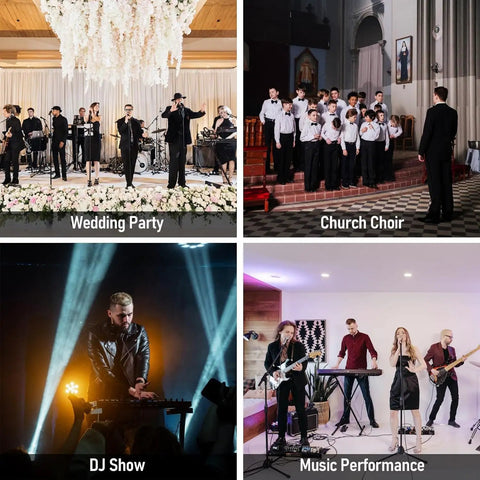 Collage of four scenes: a wedding party band, a church choir, a DJ at a show, and a band music performance.