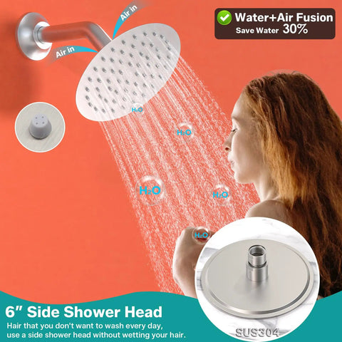Enga Dual Head Shower System with 4 Body Jets, 16" + 6" Round Shower Head with 2 in 1 Handheld Combo, Ceiling Mounted Shower Jets System Shower Faucet Set, Brushed Nickel, 6" side shower head with water and air fusion.