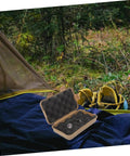 Five-Piece Wear-Resistant Tool Case For Outdoor Survival Gear in use near a tent with hiking gear, shown open, compact and durable.