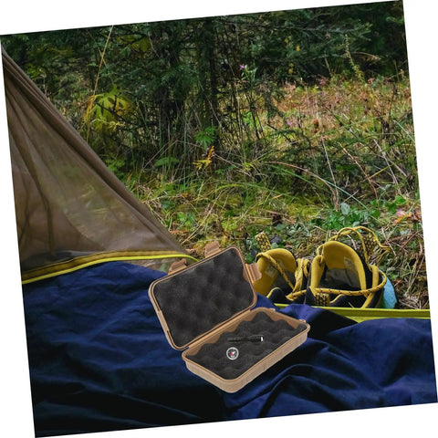 Five-Piece Wear-Resistant Tool Case For Outdoor Survival Gear in use near a tent with hiking gear, shown open, compact and durable.