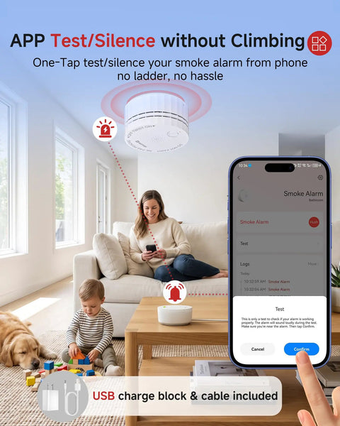 Wireless Smart Smoke Detector 3 Pack Interconnected Fire Alarm System With Smart Gateway Hub UL 217 Certified showing app control and testing.