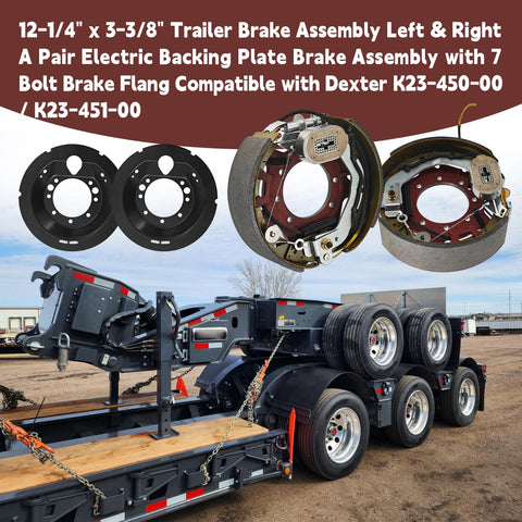 Electric trailer brake assembly pair (right & left); black backing plates with metallic components for Dexter 9k-10k lb axles