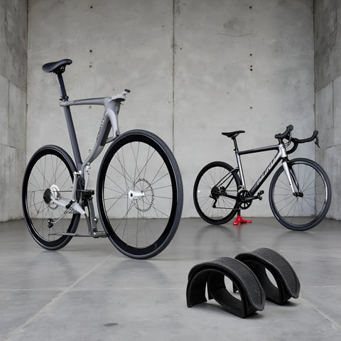 One Pair Black Bike Pedal Straps With Adhesive For Fixed Gear And Regular Bicycles in a modern studio setting with two bikes